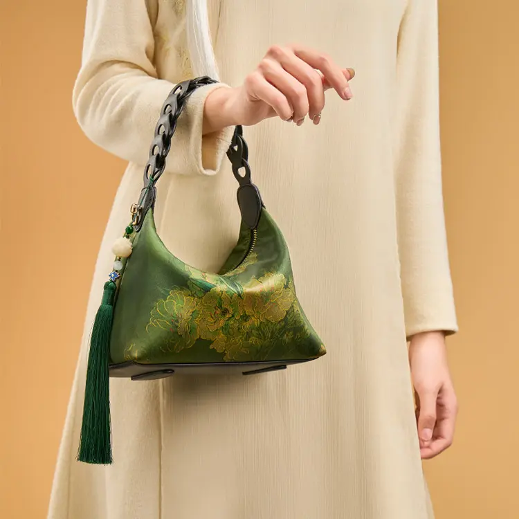 Deep Green Mulberry Silk Shoulder Bag - Item TX-1 view 2