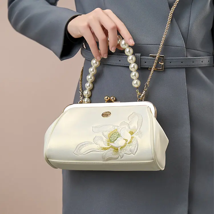 Pearl White Embroidered Frame Handbag - Item TX-2 view 2